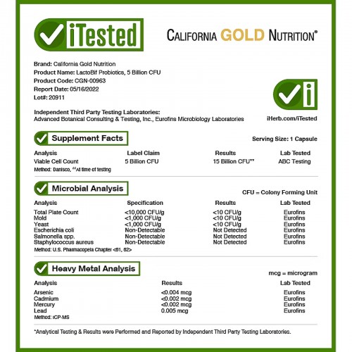 California Gold Nutrition, LactoBif 5, пробиотики, 5 млрд КОЕ, 60 вегетарианских капсул California Gold Nutrition, LactoBif 5, пробиотики, 5 млрд КОЕ, 60 вегетарианских капсул